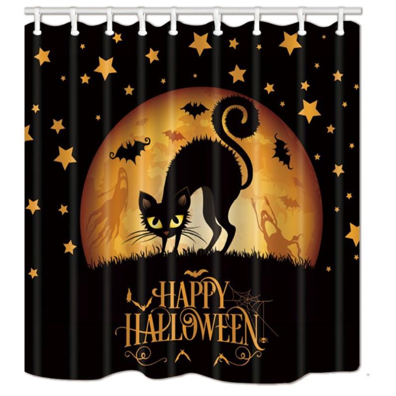 

Happy Halloween Cary Cat in Gothic Forest at Night with Bat Flying Shower Curtain Bathroom with Hooks Waterproof Home Decor