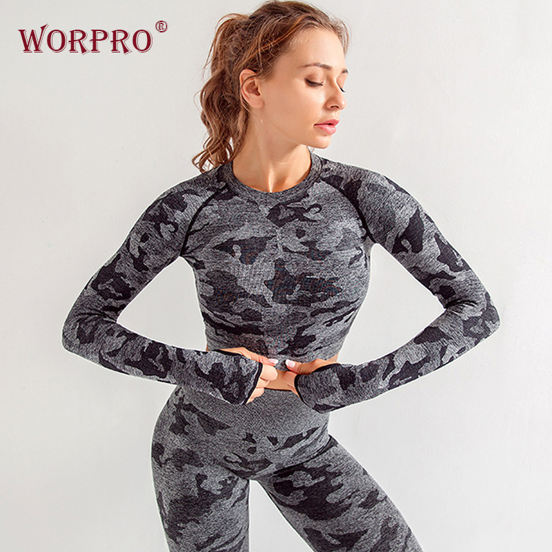 

Gym piece fitness set women black camo leggings set long sleeve seamless gym fitness suit women sportswear gym wear