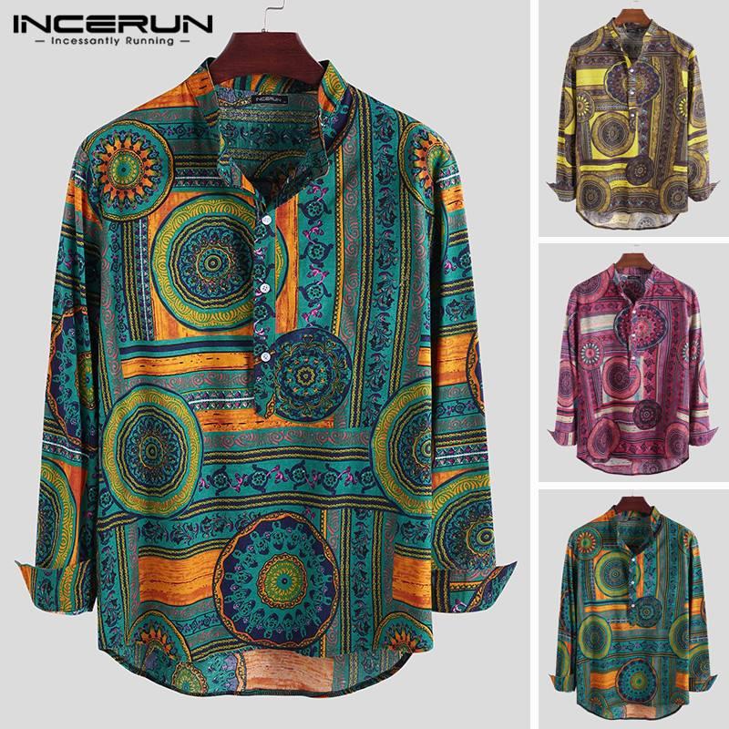 

Men' Shirt Printing Cotton Stand Collar Long Sleeve Loose 2020 Ethnic Style Vintage Casual Shirts Men INCERUN camisa masculina, Red shirt