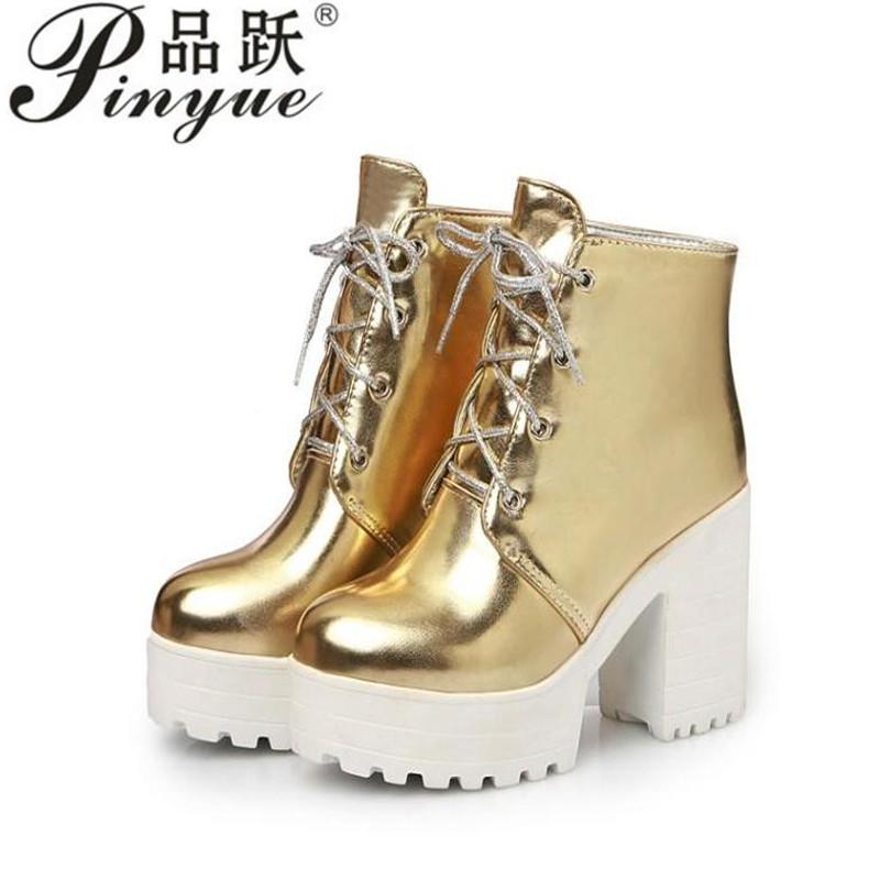 

size 34-43 Women Platform Ankle Boots Square High Heel Boots Lace Up Zipper Autumn Winter Ladies Shoes Gold silver
