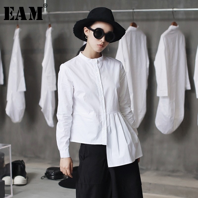 

[EAM] High Quality Spring Hem Folds Spliced Irregular Slim Casual Long Sleeve O-neck Shirt Fashion New Women Blouse LA315 201201, White