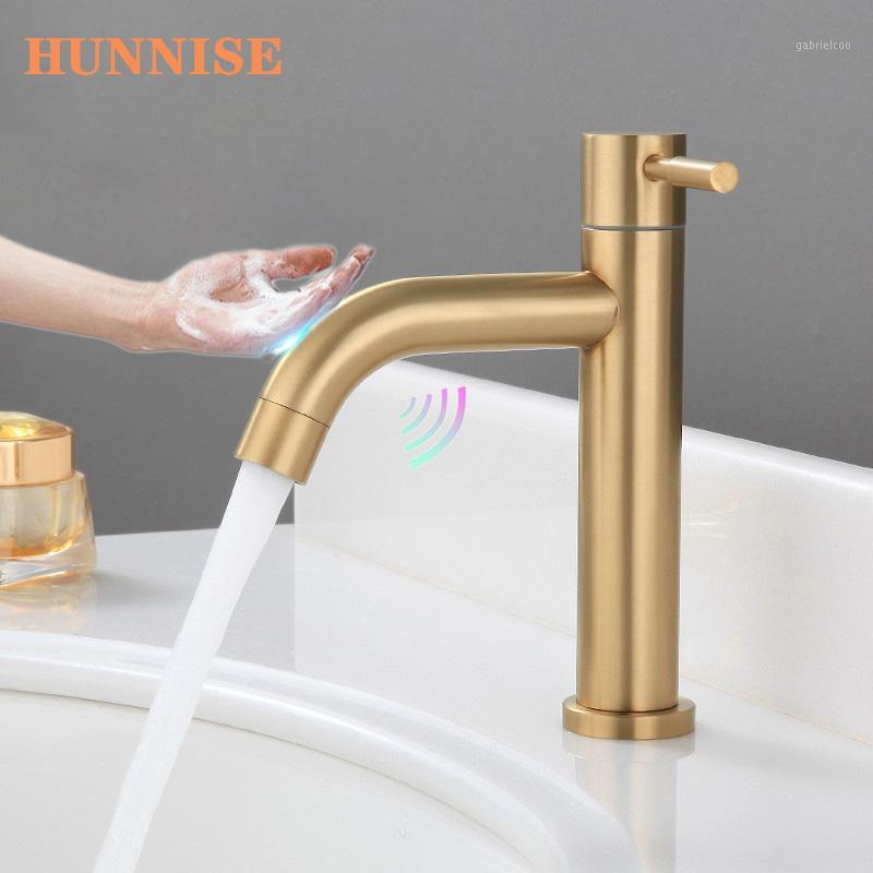 

Touch Basin Faucet Brushed Gold Cold Bathroom Mixer Faucet SUS304 Stainless Steel Sensor Bath Smart Touch Basin Faucets1