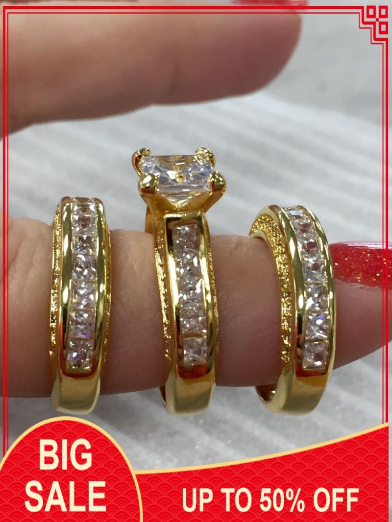 

Luxury Jewelry Princess cut 20ct zircon cz 3-in-1 wedding band rings Set for women Yellow Gold Filled Engagement Ring