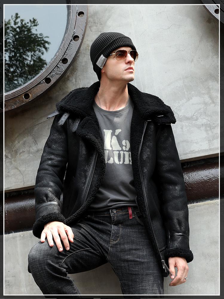 

Real Genuine Leather Jacket Men Hooded Winter Sheepskin Coat Vintage Real Wool Fur Coats Men's Leather Jackets KJ3295, Black