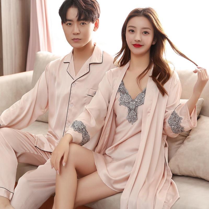 

Couple Silk Satin Pajamas Set Long Sleeve Long Pants Sleepwear Pijama Pyjamas Suit Women Men Sleep 2PCS Loungewear Home Clothes, Style 05
