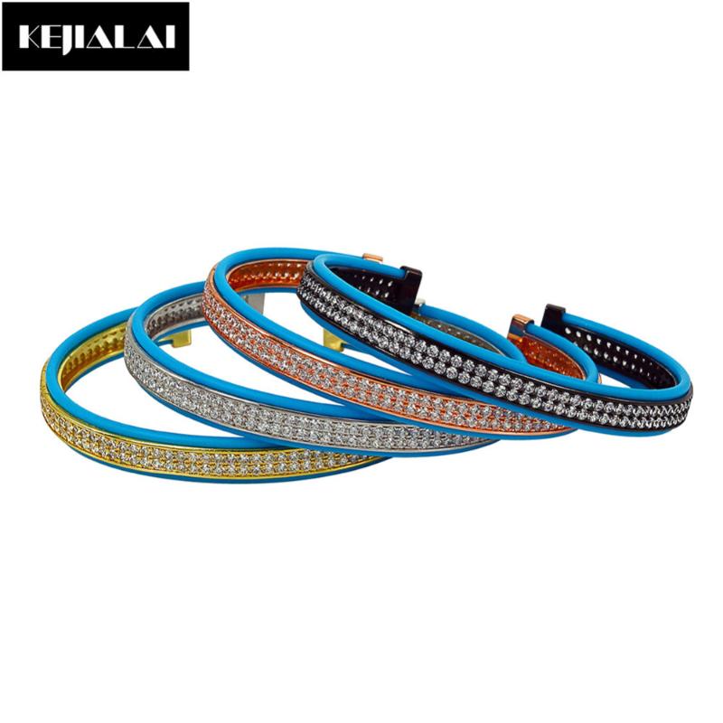

2020 Fashion Men Jewelry Leather Bangle High Quality Blue Genuine Leather Pave with Double Lines Clear Zirconia Cuff Adjustable