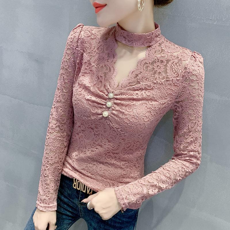 

Sexy Hollow out lace shirt Women's long-sleeve Crochet Tops V-neck New fashion Slim Lace blouse Blusa, Black