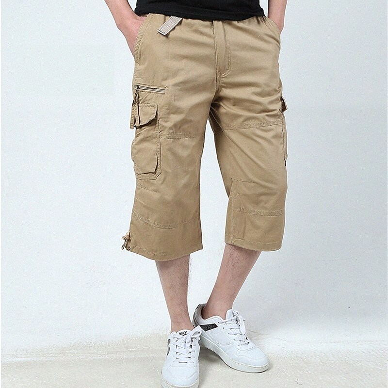 Men's Cargo Shorts Tactical Cargo Calf-Length Pants Micro-elastic Solid Color Comfort Outdoor Mid Waist Army Green Black Khaki Camouflage Gray