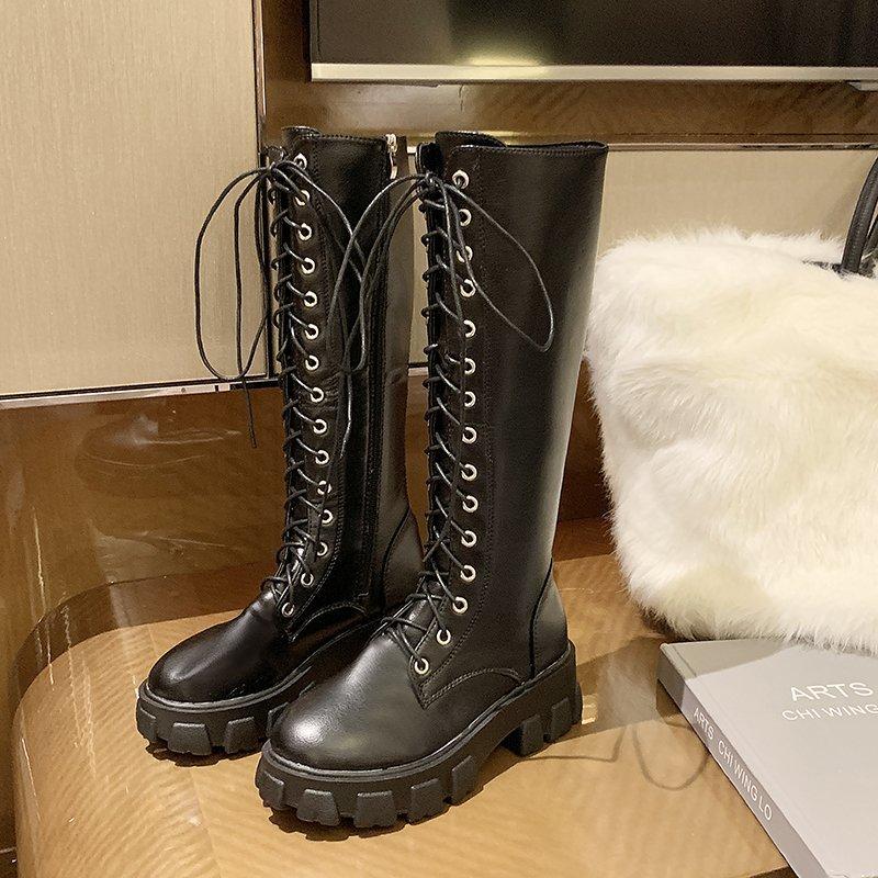 

Autumn Women Fashion Platform PU Leather Boots Zipper Metal Buckle Motorcycle Boots Fashion Cross Tied Knee High Botas, Beige buckle