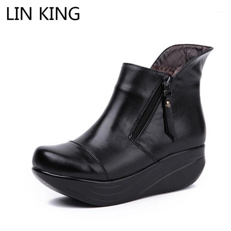 

LIN KING Vintage Zipper Women Boots Black Genuine Leather Wedges Swing Shoes Warm Plush Winter Shoes Round Toe Platform1