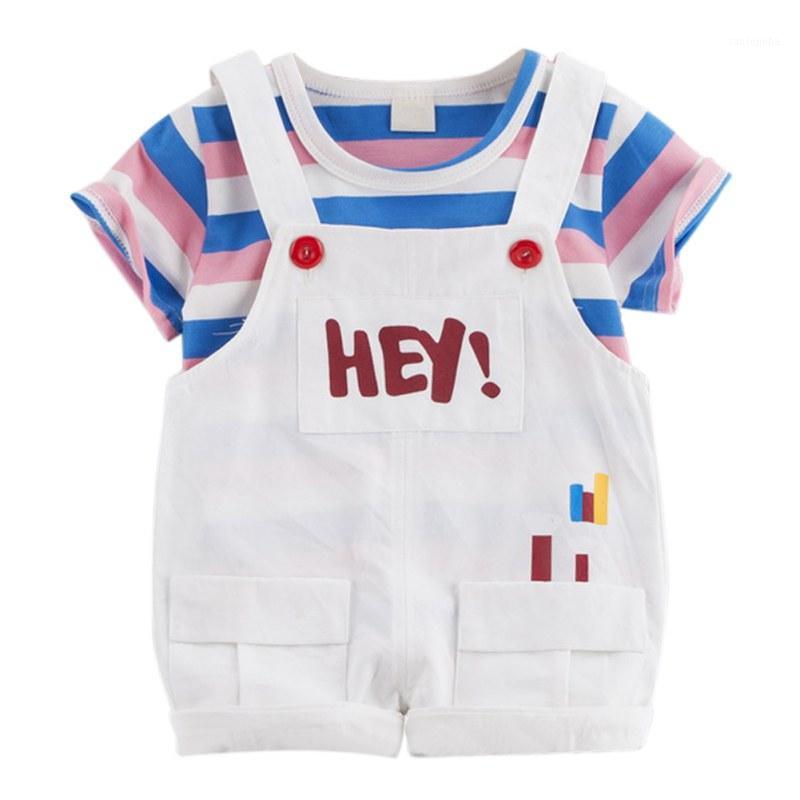 

HIgh Quality Summer Children's Suit Baby Cartoon T-shirt Male And Female Baby Korean Striped Short-sleeved T-shirt + Bib Shorts1, Pink
