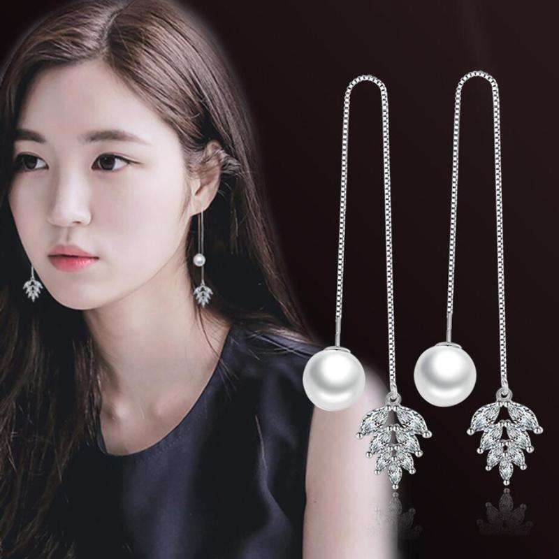 

KOFSAC Popular 925 Silver Earrings For Women Jewelry Exquisite Crystal Leaf Pearl Long Ear Line Earring Lady Engagement Gift