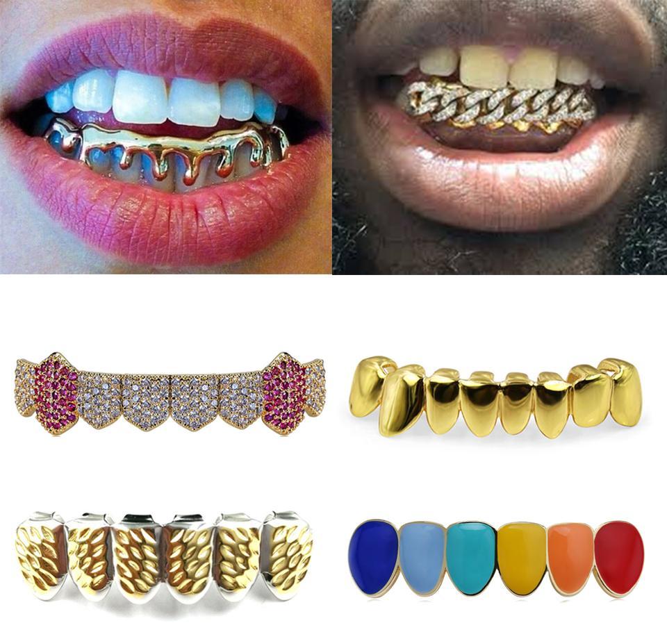 

18k Gold Teeth Braces Punk Hip Hop Multicolor Diamond Custom Bottom Teeth Grillz Dental Mouth Fang Grills Tooth Cap Vampire Rapper wmtAvYa