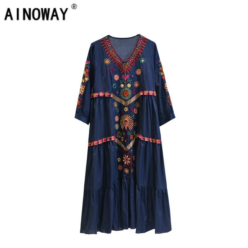 

Vintage Chic Boho women Floral embroidery beach Bohemian maxi dress Ladies V neck Summer dress vestidos, Blue