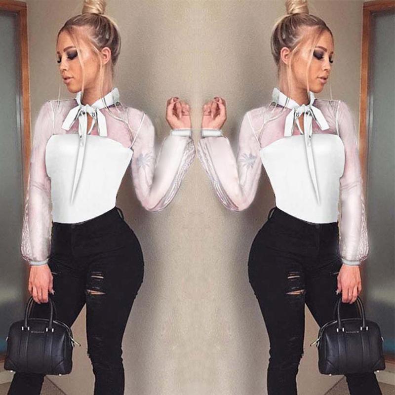 

Spring Women' Long Sleeve Bodysuit Lace Mesh Transparent Mock Neck Black Jumpsuit Femme Sexy Bow Patchwork Casual Bodysuit Top