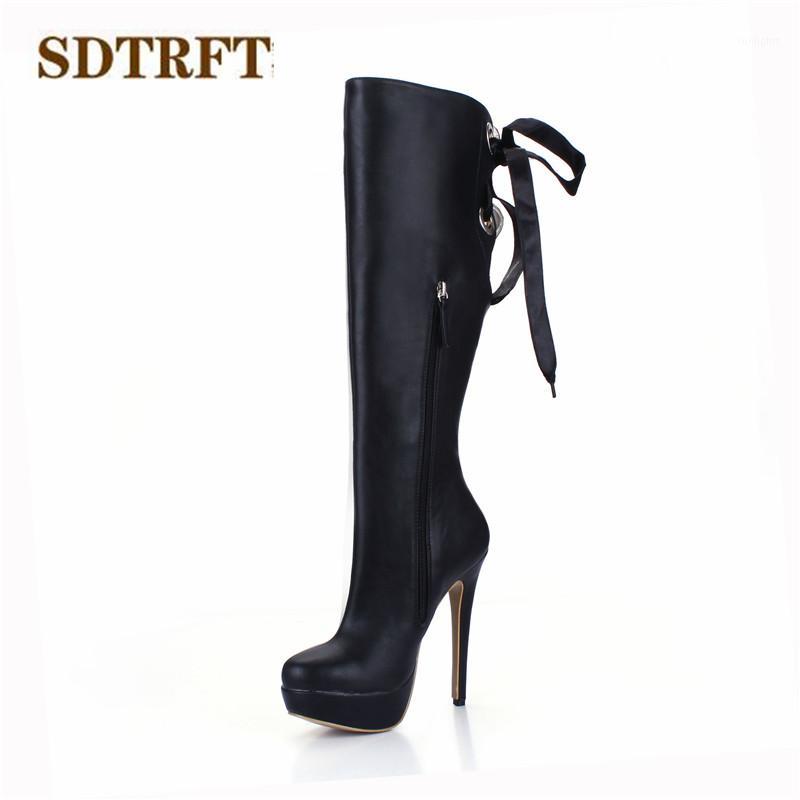 

SDTRFT Stilettos 14cm thin heeled Motorcycle Knee-High boots platforms shoes Woman Zipper Botas Dress Lace-Up pumps Plus:35-401, Black