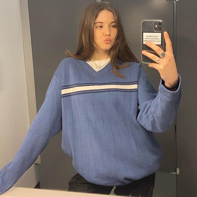 

V-Neck Sweater Knitted Y2k Aesthetic Harajuku Pullover Tops Sweaters For Women Fashion Casual Autumn Winter Skinny Sweaters New, As pic