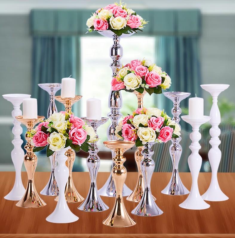 

artificial rose flower bouquet with metal flower vase stand candle holder candlestick rack wedding centerpiece decoration, Beige