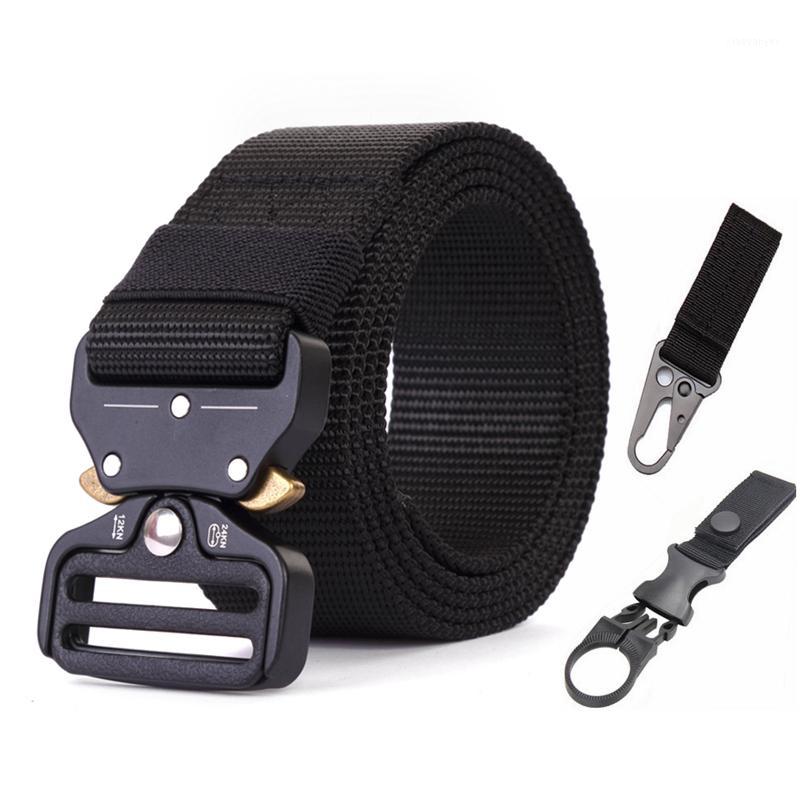 

Tactical Army Belt Outdoor Nylon Waist Belts With Automatic Metal Buckle Hook Accessories For Hunting Duty Men1 Support, 2 black hook