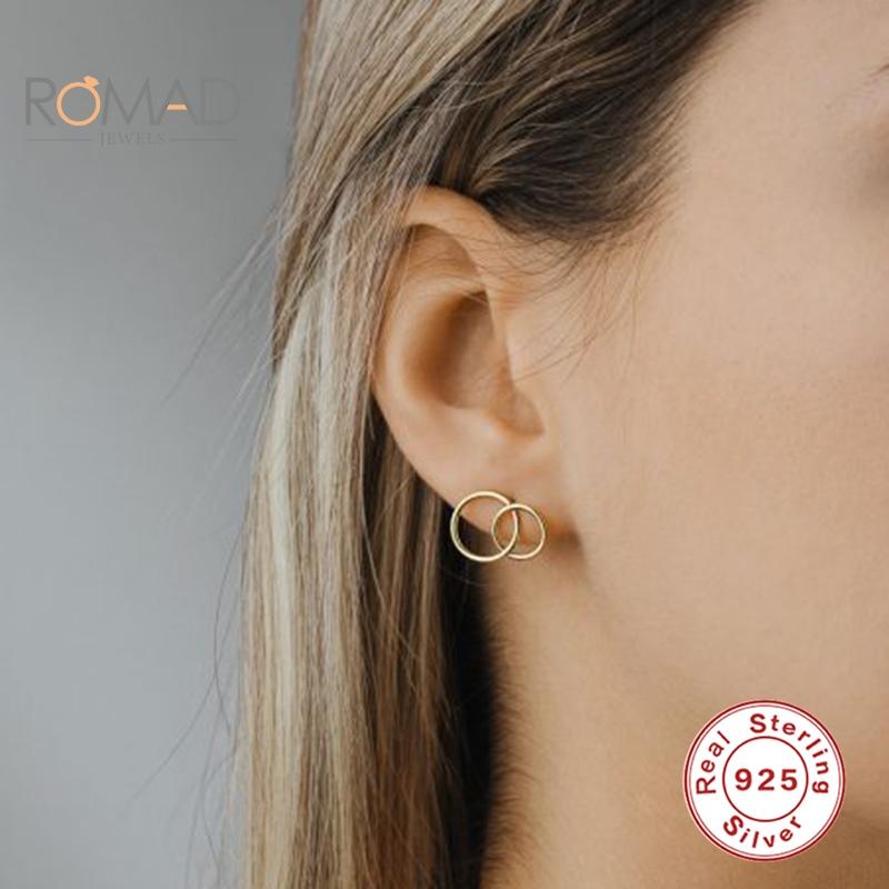 

Stud ROMAD Real 925 Sterling Silver Earrings For Women Double Round Ring Simple Exquisite Trendy Jewelry Pendientes