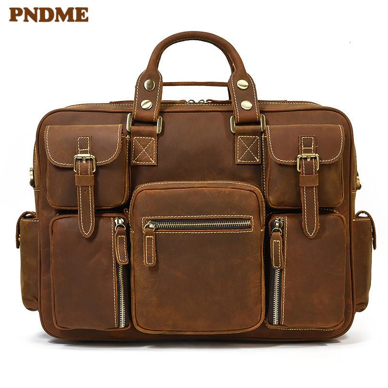 

Vintage men's briefcase business travel genuine leather handbag multi-pocket laptop shoulder messenger bag, Brown-1