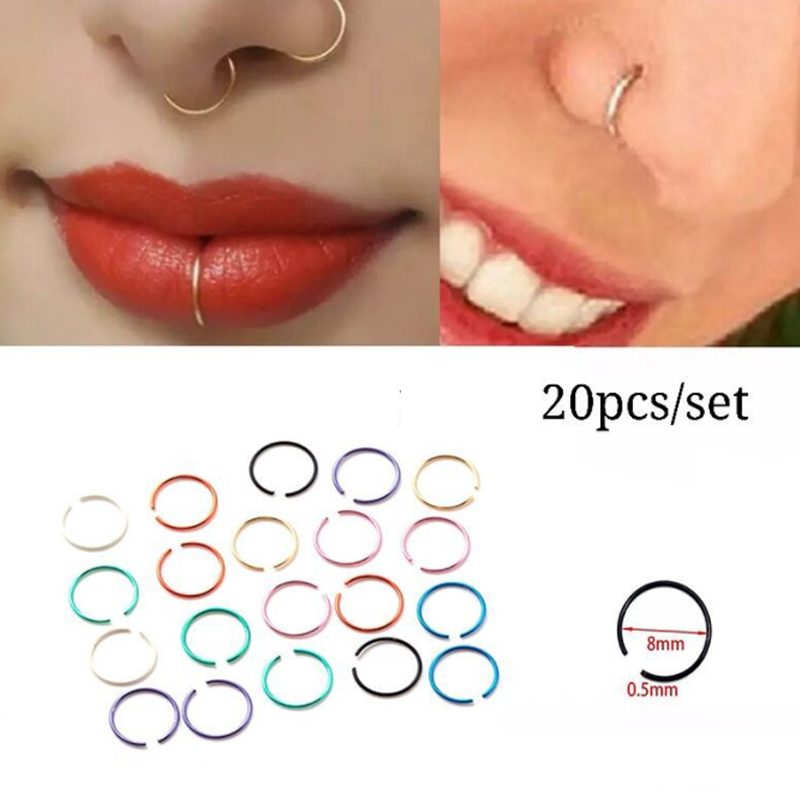 

Set of 20 PCS 316L Stainless Steel Nose Ring Septum Jewelry Lip Rings Cartilage Hoop for Body Piercing