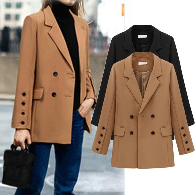

New Women Chic Blazer Pockets Double-Breasted Long Sleeve Slim Office Ladies Suit Coat Female Casual Solid Jacket Blazer Fashion, Black