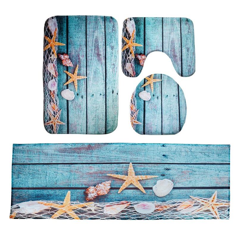 

4 Pcs Beach Seashells Starfish Sand Bath Mat Holidays Summer Bathroom Carpet Rug, 1 Pcs 40X120cm & 3 44x75cm