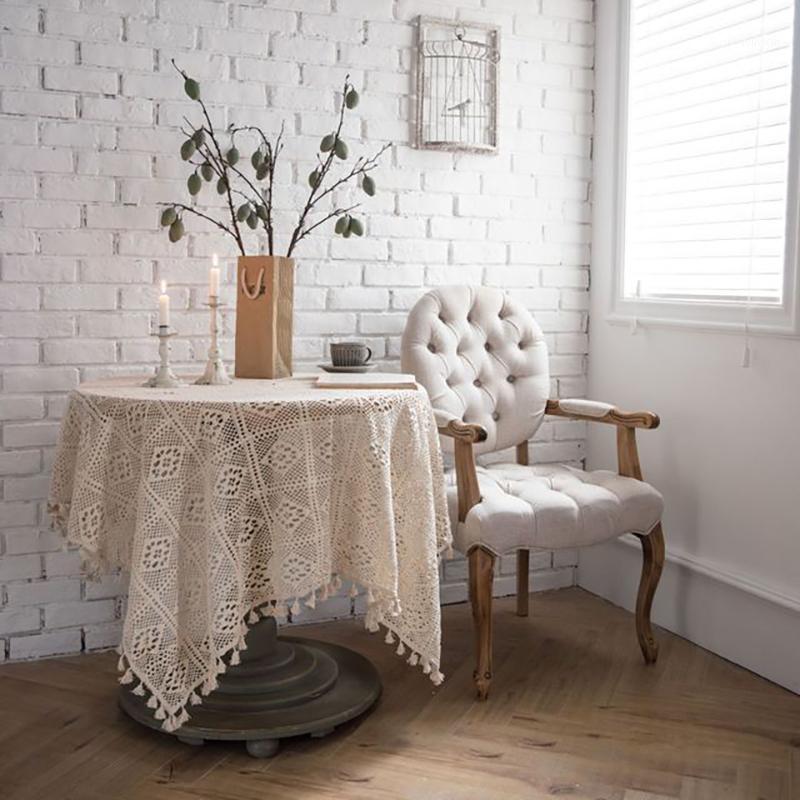 

Pastoral handmade crochet cover towel cotton tablecloth woven tablecloth hollow dining piano towel shooting props1, Beige tassel lace