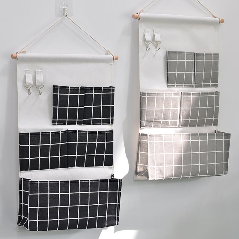 

25#Door Wall Hanging Storage Bag Multi-layer Bag Pocket Organizer Storage Basket Cotton Linen Home Bathroom Hanging Organizer, Gray