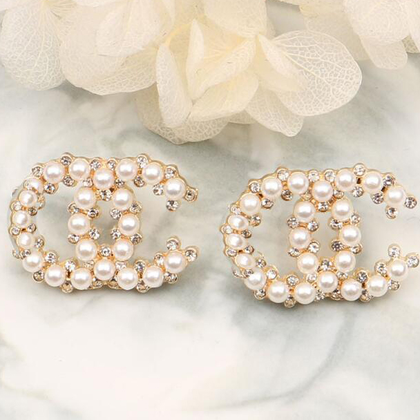 

19color Design 18K Gold Plated Copper Alloy Stud Luxury Designer Double Letters Ear Hook Flowers Women Crystal Rhinestone Pearl Earring Wedding Party Jewelry