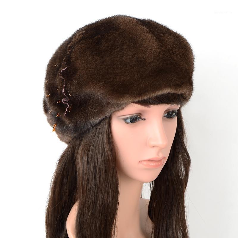 

Beret Hat Women Winter Wram Fashion Russian Woman Fur Hat Flower Luxury SARSALLYA Brand1, Brown
