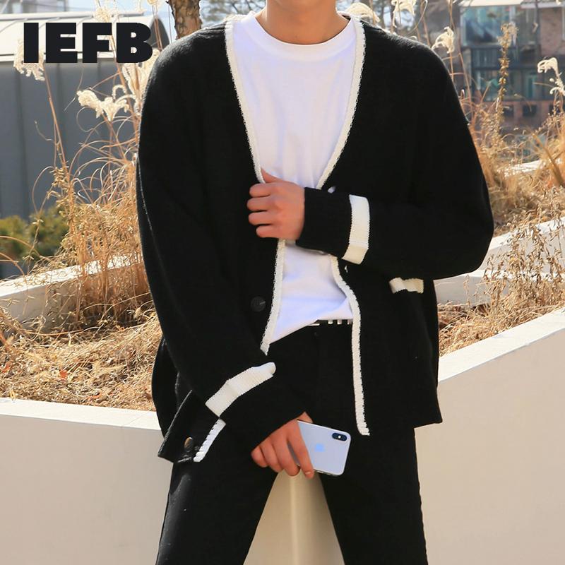 

IEFB autumn winter new cardigan sweater coat loose Korean fashion single breasted casual outerwear kintted clothes male 9Y4237, Black