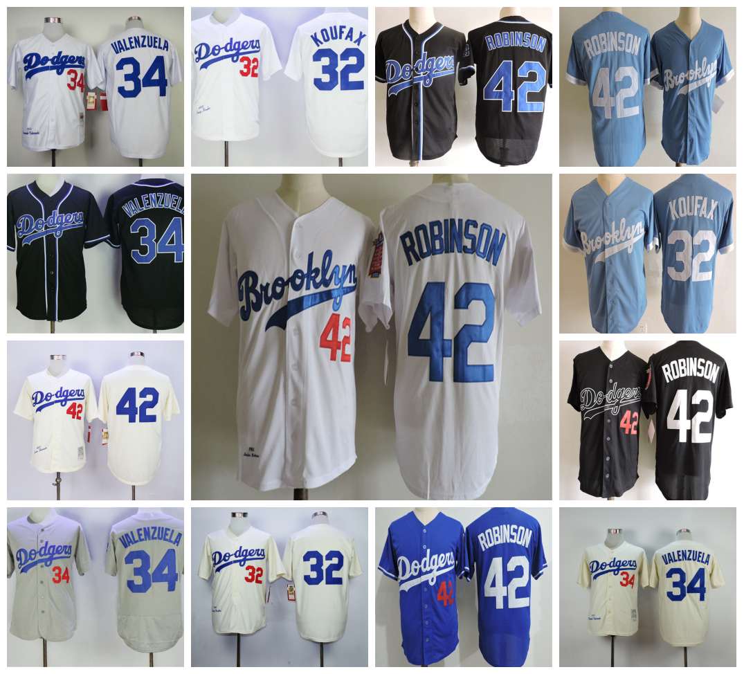 

Mens 1955 Brooklyn #32 Sandy Koufax Jersey #42 Jackie Robinson Jersey #34 Fernando Valenzuela Jersey S-3XL Stitched White Royal Cream