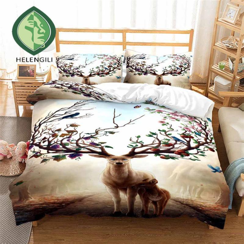 

HELENGILI 3D Bedding Set Deer Painting Print Duvet Cover Set Bedclothes with Pillowcase Bed Home Textiles #DEER071, As pic