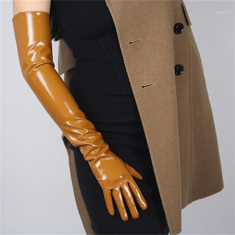 

Five Fingers Gloves 60cm Patent Leather Long Extra Over Elbow PU Emulation Bright Light Brown Caramel Toffee1