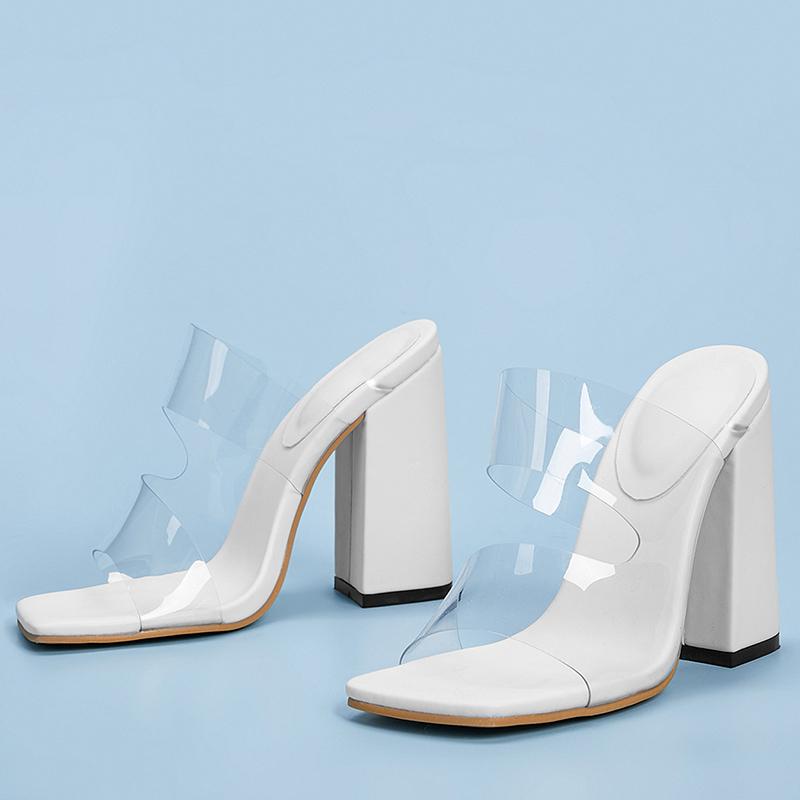 

2021 Fashion Women Stripper Clear High Heels Slippers Mules Open Toe White Black Heels Slides Outdoor Plus Size 42 Party Shoes
