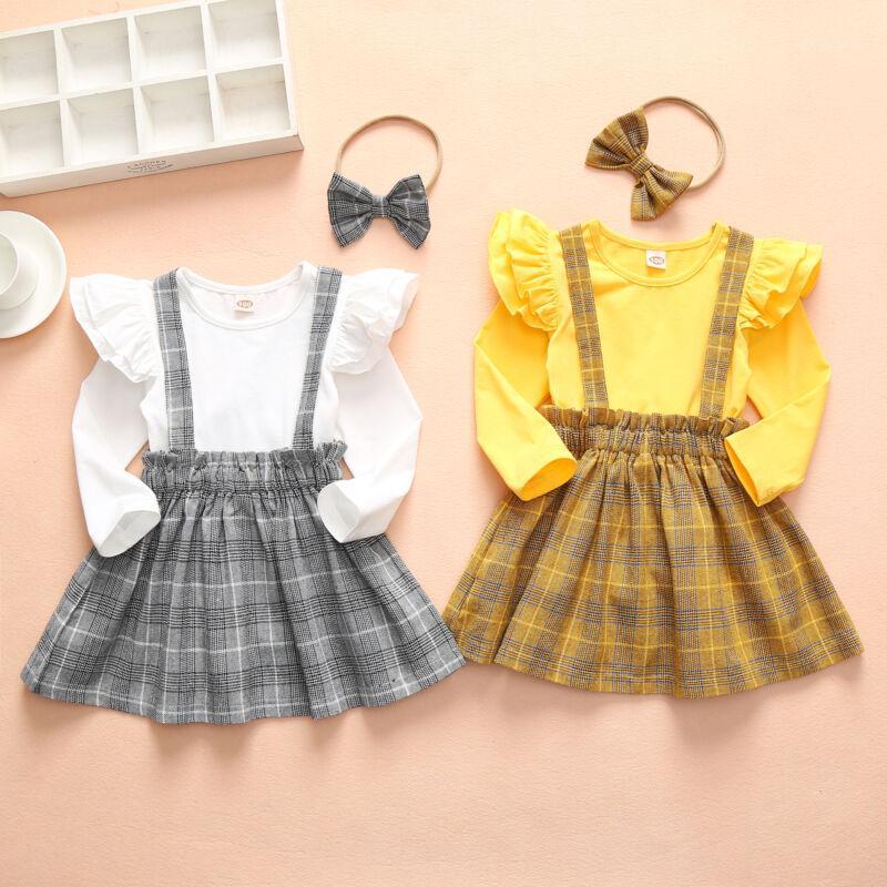 

Pudcoco 2020 Toddler Baby Girls Dress T-shirt Tops + Plaid Strap Skirt Headband Clothes1, White