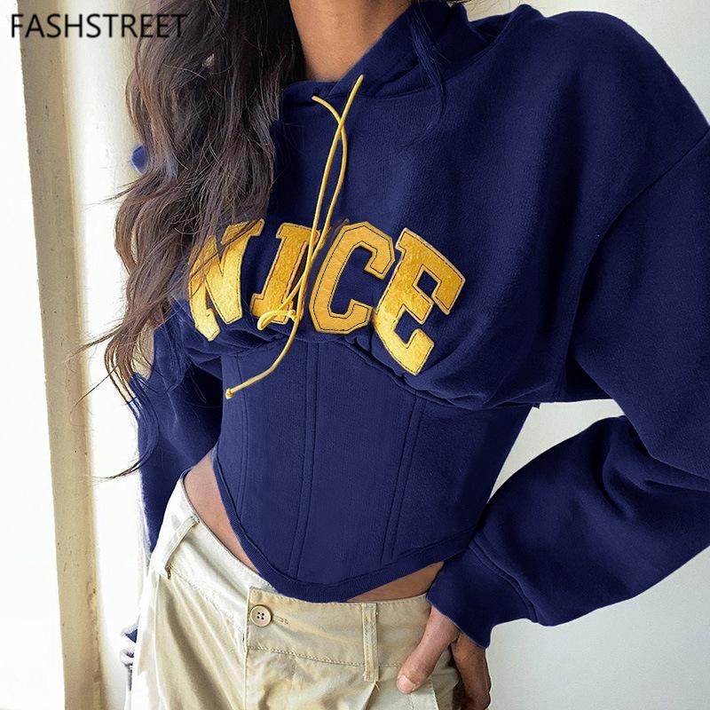 

FASHSTREET Casual Patchwork Letter Print Cropped Sweatshirt Women Long Sleeve Waist Lace Up Harajuku Hoodie Sporty Streetwear, Black