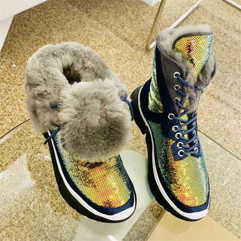 

Paillette Women's Bling Decoration Warm Winter Fur Heavy Snow Flat Soles Mujer Lace-up Ladies Ankle Boots 2lcy, Blue