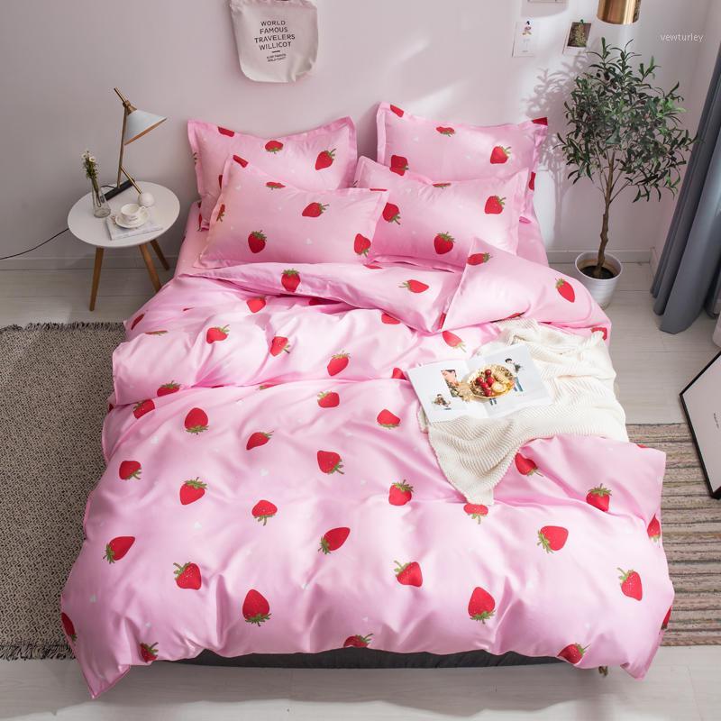 

3/4pcs Bedding Set Pink Strawberry Princess Bed Sheets Queen Size Luxury Bedding Set bed Sheet Sets Duvet Cover King Size1, Ajia012