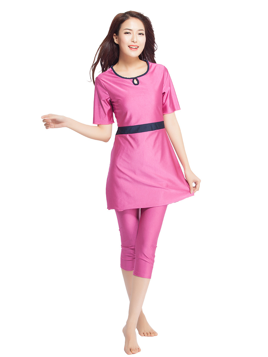 

Dubai Modest Women Swimwear Two-Piece Suits Splice Swim Wear Burkini Muslim Swimsuits Traditional Swim Surf Wear Sport Burkinis, White