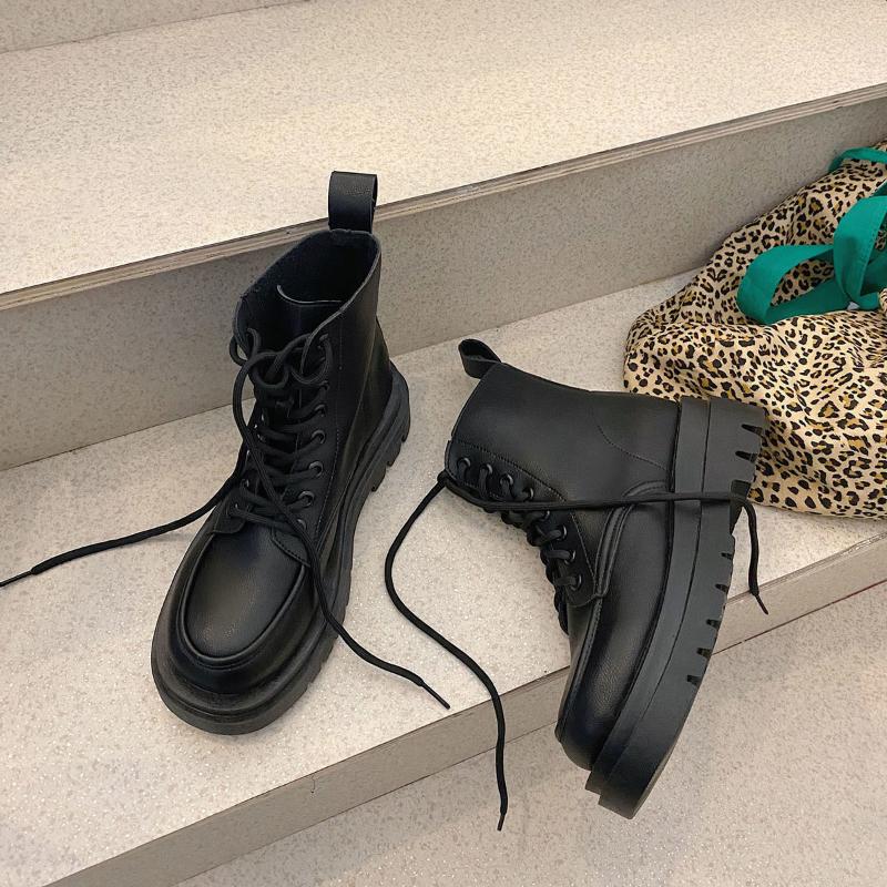 

Black Boot Girl 2021 Versatile Fashion British Style Thick With Leg Length Tube Retro Motorcycle Boots, Black single shoes