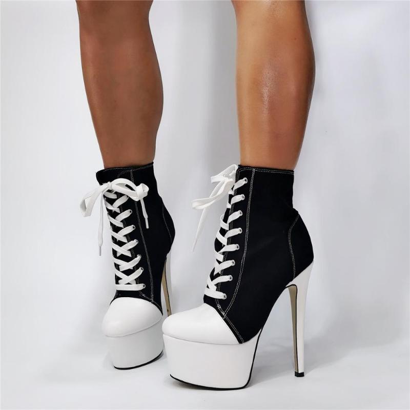 

Hot Girls Black White Patchwork High Heel Ankle Boots Woman Fashion Round Toe Platform Lace Up Short Boots 100% Real Photos, As picture