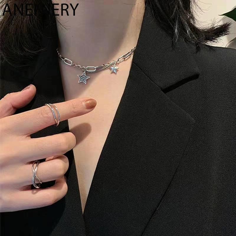 

ANENJERY Handmade Vintage Fashion Mutil-layer Star Necklace Silver Color Thick Chains Hip Hop Jewelry For Women Men Gifts S-N563