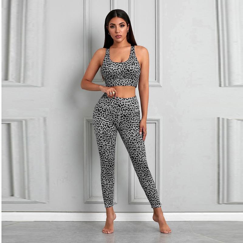 

SULMY Ensemble Yoga Set Grey Leopard Print Gym Wear Running Clothes Tracksuit Sexy Sportswear Jumpsuit Fitness Suit Women Sport