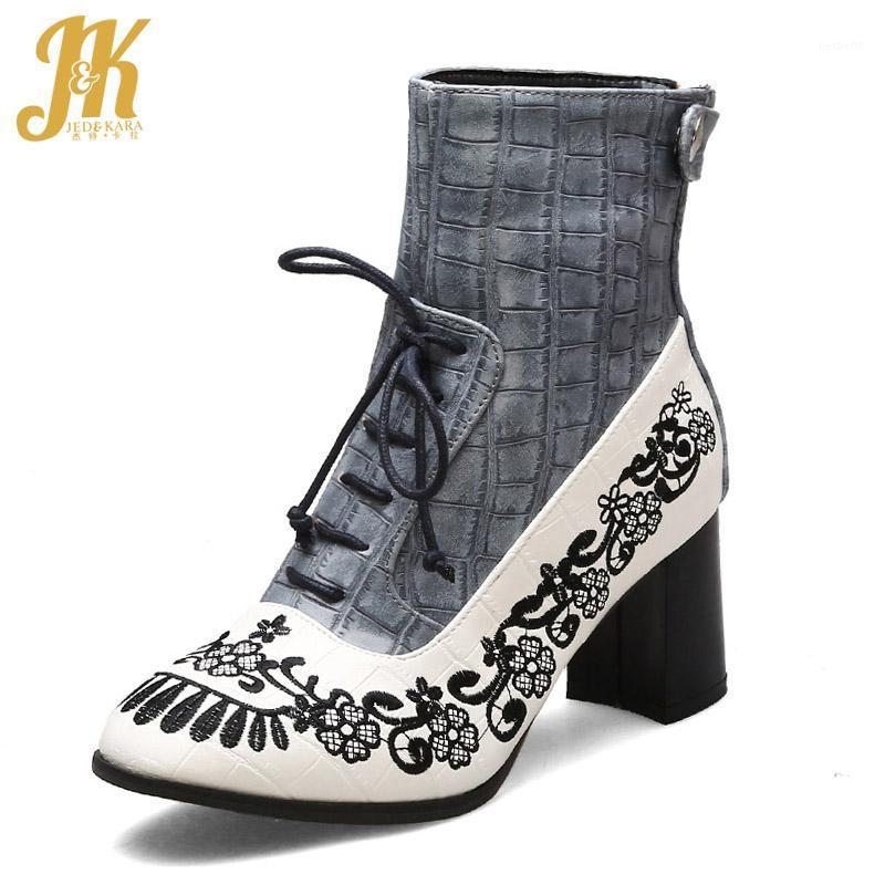 

JK Emboss Pu Ankle Boots Women High Heels Booties Ladies Shoes Female Round Toe Embroider Shoes Female Lace Up Winter1, Black fur