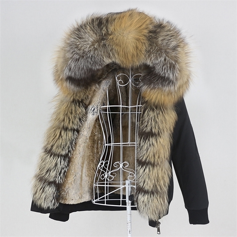 

OFTBUY Brand Waterproof Bomber Parka Real Rabbit Fur Coat Natural Fox Raccoon Fur Collar Hood Winter Jacket Women Removable 201103, Beige natural