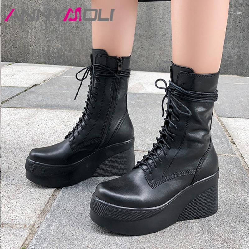 

ANNYMOLI Winter Ankle Boots Women Natural Genuine Leather Platform Wedge High Heel Short Boots Zipper Round Toe Shoes Lady 34-391, Black synthetic lini