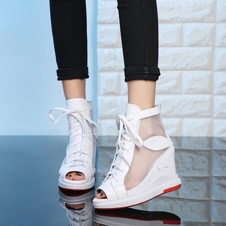 

Fashion Womens Ankle Boots Breathable Mesh Shoes Wedges High Heels Lady Platform Wedges shoes Female summer boots peep toe, Black